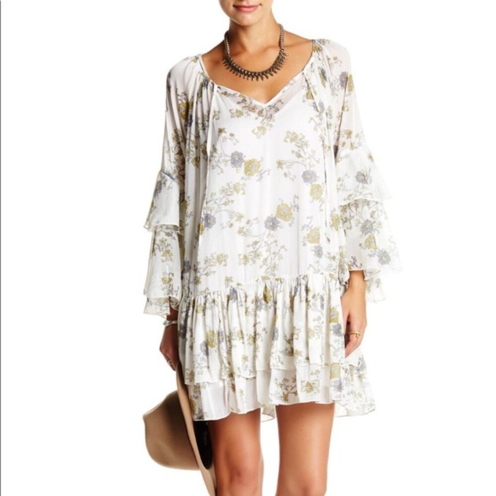 Free People Floral Ruffled Sheer Dress Flowy Sunsetter - Bell Sleeve - Small